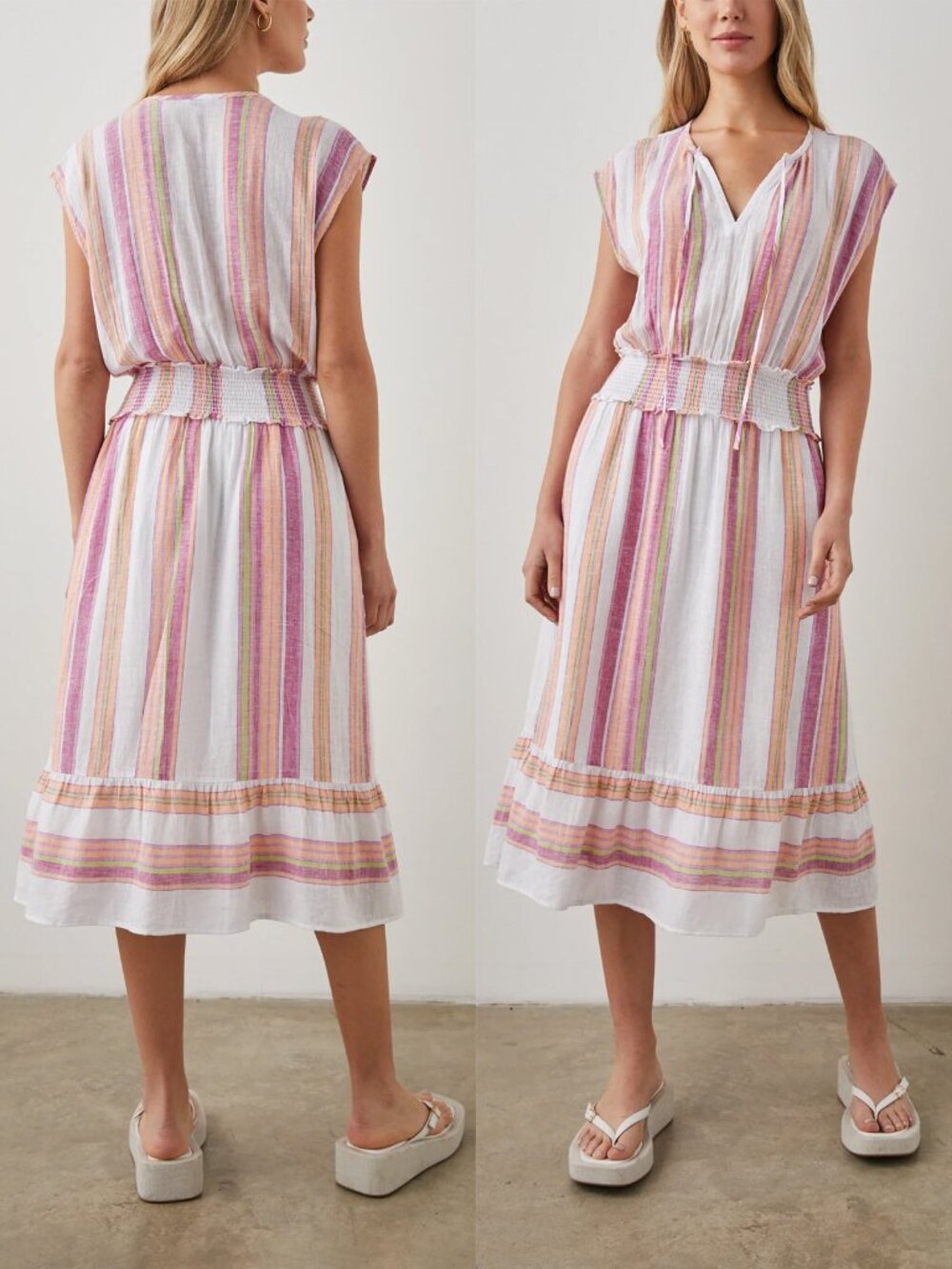 Rails Ashlyn Midi Dress in Hibiscus Striped Linen Blend Lightweight Airy XS $218